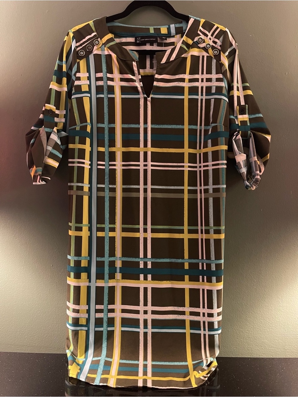 New York & Company Olive Plaid Midi Dress with Yellow and Blue Stripes